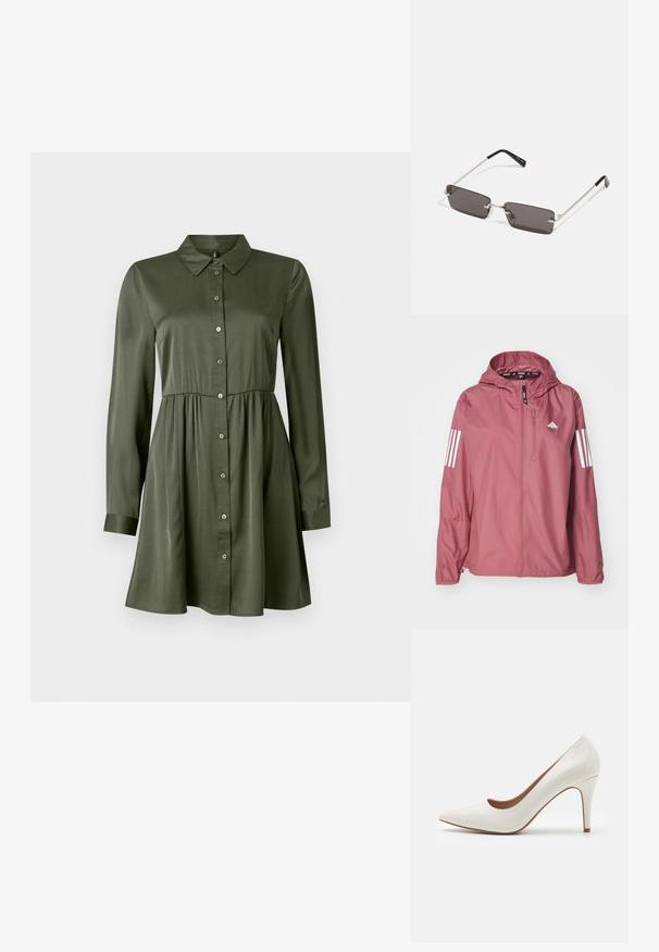 adidas Performance Vindjakke - preloved crimson; Langermet olivengrønn skjorte-kjole med innsvingt midje og krage, lett utsvingt skjørt og mannskap med mansjetter.; Hvit patentlær høyhælte sko med spiss tå og en glatt overflate, med en slank hæl og en lav utskjæring rundt åpningen.; Solbriller med rektangulære, mørkegrå linser, sølvfargede metallrammer og svarte plasttupper på armene. Lett design med nesepuder.; Michael Kors håndleddsveske i beige belagt kanvas med et gjentakende MK-logo mønster, gullfarget maskinvare og en avtakbar kjede-rem.