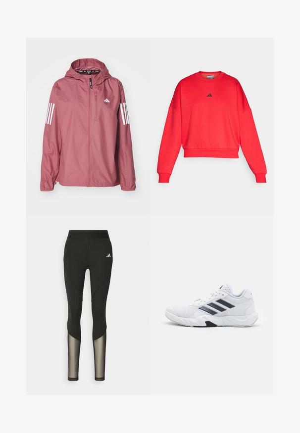 adidas Performance Veste coupe-vent - preloved crimson; Sweatshirt court rouge avec un col rond et des épaules tombantes. Présente un petit logo noir d'Adidas sur la poitrine. Texture de tissu lisse.; Leggings de sport noirs avec une taille haute, présentant des accents en mesh sur le bas des jambes et un logo brodé sur la hanche.; Baskets blanches avec une tige en maille, trois rayures noires sur le côté, des accents texturés et une semelle en caoutchouc robuste avec une section noire contrastante.
