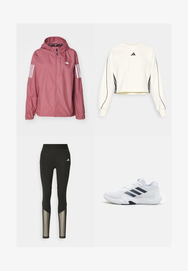 adidas Performance Windjack - preloved crimson; Witte cropped sweatshirt met lange mouwen, voorzien van zwarte strepen langs de zijkanten en een klein zwart logo op de borst. Zachte textuur.; Zwarte sportleggings met een hoge tailleband, voorzien van meshaccenten op de onderbenen en een geborduurd logo op de heup.; Witte sportieve schoen met een bovenwerk van mesh, drie zwarte strepen aan de zijkant, gestructureerde accenten en een stevige rubberen zool met een contrasterend zwart gedeelte.