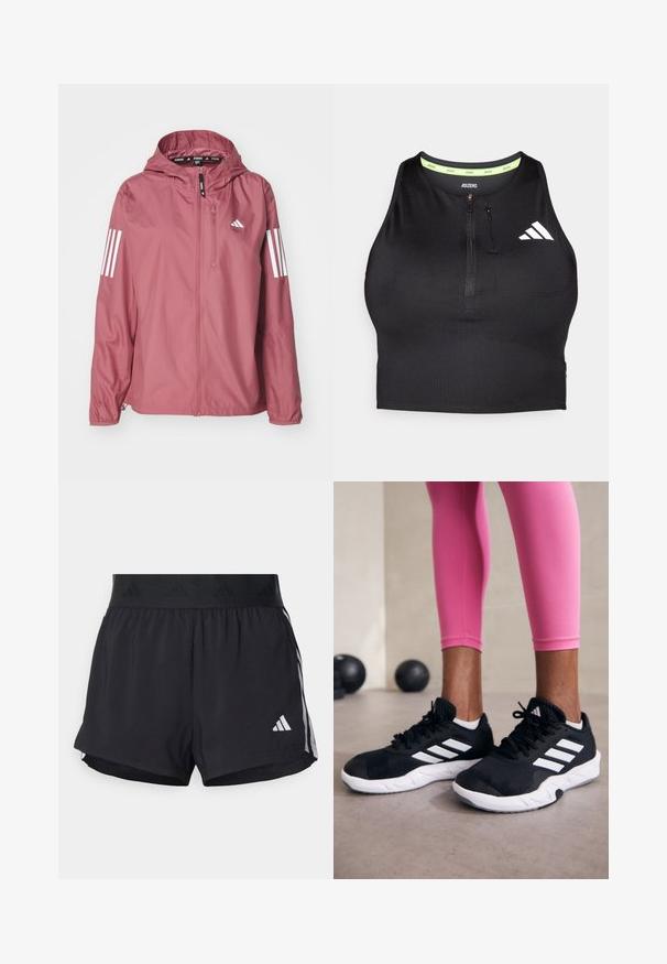 adidas Performance Neperpučiamoji striukė - preloved crimson; Juodas sportinis trumpas viršus su užtrauktuku priekyje, pagamintas iš lygios medžiagos. Su žalia vidine apykakle ir balta logotipu šone.; Juodos sportinės šortai su elastinga juosta, su tekstūruota juosta, šoninėmis juostelėmis ir baltu Adidas logotipu apatinėje dalyje.; Juodi sportiniai bateliai su baltais dryžiais, tekstūruota tinklinė viršutinė dalis ir balti padai. Dėvimi su rožiniais leggingais, demonstruojant treniruočių aprangą.