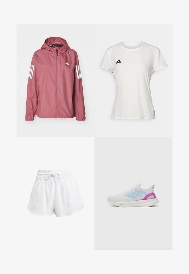 adidas Performance Vindjakke - preloved crimson; Hvit treningst-skjorte laget av fukttransporterende stoff. Korte ermer, rund hals, med svart logo og tre-stripes emblem på venstre bryst.; Hvite sportsbukser med elastisk midje og justerbar snor. Laget av lett materiale, med sidelommer og løs passform.; adidas Performance PUREBOOST 5 - Løpesko for vei - white/glow blue/purple burst