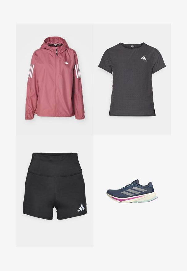 adidas Performance Vjetrovka - preloved crimson; Majica kratkih rukava za sport, tamno siva s perforiranim uzorkom. Ima bijeli logo i kontrastne bočne pruge. Zaobljeni izrez.; adidas Performance Tajice - black; Mornarica trkačka cipela s gornjim dijelom od mrežastog materijala, srebrnim trakama, mint zelenim detaljima i podloženom stvorenom nogom koja ima ružičaste i tirkizne nijanse za udobnost.