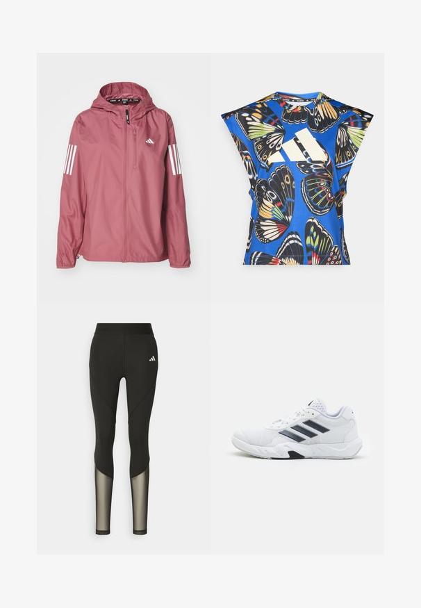 adidas Performance Windjack - preloved crimson; Blauw T-shirt met korte mouwen, versierd met een levendige vlinderprint in verschillende kleuren, met een groot wit logo aan de voorkant en een ronde halslijn.; Zwarte sportleggings met een hoge tailleband, voorzien van meshaccenten op de onderbenen en een geborduurd logo op de heup.; Witte sportieve schoen met een bovenwerk van mesh, drie zwarte strepen aan de zijkant, gestructureerde accenten en een stevige rubberen zool met een contrasterend zwart gedeelte.