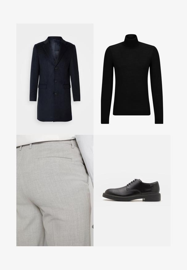 Isaac Dewhirst Abrigo clásico - navy; Jersey de cuello alto negro hecho de un material suave, con mangas largas y un ajuste ceñido. Ribete acanalado en el dobladillo y los puños. Diseño simple.; Pantalones grises claros a medida hechos de tela texturizada, con un solo bolsillo trasero y costuras limpias.; Zapato negro de cuero con cordones, punta redondeada, textura suave, costuras mínimas y tacón bajo de goma. Logo en el tacón.