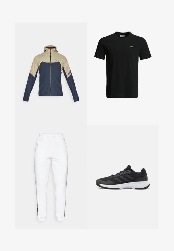 Dynafit ALPINE GORE TEX JACKET - Vízlepergető széldzseki - rock khaki; Fekete pamut póló kerek nyakkivágással, rövid ujjakkal és egy kis zöld krokodil logóval a bal mellen. Sima textúra, laza dizájn.; Fehér melegítőnadrág, gumis derekkal, fekete oldalsávokkal és szegőkkel. Puha anyagból készült, sima tapintású.; Fekete sportcipő, amely texturált felsőrésszel, három vízszintes csíkkal és mintázott talppal ellátott fehér talppal rendelkezik. Könnyű és áramvonalas dizájn.