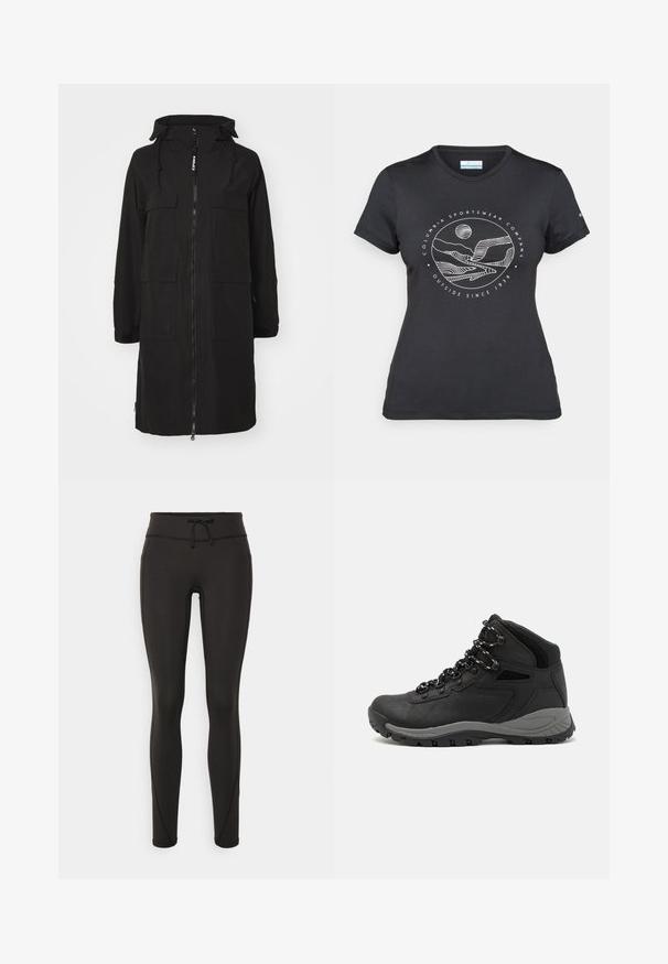 Svart lang jakke med hette, som har glidelås foran, flere frontlommer og elastiske mansjetter. Laget av et slitesterkt stoff.; Svart Columbia t-skjorte med hvit sirkulær fjell- og elvlinjekunst og tekst "Columbia Sportswear Company Outside Since 1938."; Svarte leggings med høy midje, snøring, glatt tekstur og tettsittende design. Har søm detaljer langs sidene.; Sorte turstøvler med mid-topp design, som har en teksturert overdel, grå detaljer og slitesterk gummisåle med godt grep.