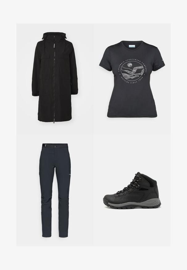 Chaqueta larga negra con capucha, que presenta un cierre frontal, múltiples bolsillos delanteros y puños elásticos. Fabricada con un tejido resistente.; Camiseta negra de Columbia con un arte lineal circular de montaña y río en blanco y el texto "Columbia Sportswear Company Fuera desde 1938."; Pantalones de exterior para hombre, gris oscuro, fabricados con material flexible, con cinturón, bolsillos con cremallera y costuras reforzadas.; Bota de senderismo negra con un diseño de medio caña, que cuenta con una parte superior texturizada, acentos grises y una suela de goma duradera con tacos de tracción.