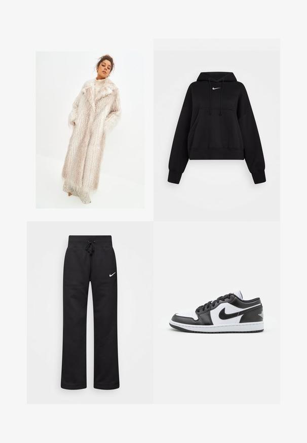 Cesare Gaspari - Płaszcz zimowy; Czarna skrócona bluza z kapturem wykonana z miękkiego materiału, z regulowanym kapturem, przednią kieszenią typu kangur i małym białym logo Nike na piersi.; Czarne dresy wykonane z mieszanki bawełny, z elastycznym pasem ze sznurkiem, prostymi nogawkami i białym logo Nike po lewej stronie.; Czarno-białe niskie sneakersy Nike mają górną część wykonaną z gładkiej skóry, okrągły czubek, związane zapięcie oraz wzorzystą gumową podeszwę.