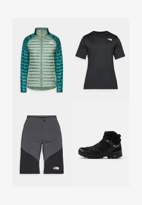 Izoliuota striukė šviesiai žalia su tamsiai žaliai akcentais. Funkcijos: pilnas užtrauktukas, aukšta apykaklė ir siauri siuvinėti skyriai. Lengvas dizainas.; Juoda trumpų rankovių marškinėliai, pagaminti iš lengvos, drėgmę praleidžiančios medžiagos. Viršuje kairėje krūtinės pusėje yra balta logotipo etiketė, o apykaklė yra klasikinio stiliaus.; Pilkos ir juodos šortai su pagrindine dizaino panelė, priekinis mygtukų uždarymas ir "The North Face" logotipas. Pagaminti iš lengvos, tvirtos medžiagos.; Juodas žygio batas su tekstūruota viršutine dalimi, sustiprinta nosimi ir Vibram padu. Užsegimo sistema apima kabliukus, užtikrinančius tvirtą prigludimą.