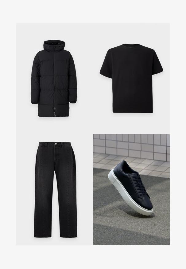 Schwarze Daunenjacke mit Reißverschluss, übergroßer Kapuze und horizontalem Steppmuster. Hergestellt aus synthetischem Material und mit elastischen Bündchen.; Schwarzes Kurzarm-T-Shirt aus strukturiertem Stoff, mit einem Rundhalsausschnitt und einer lockeren Passform. Einfach, ohne Muster oder Akzente.; Schwarze Denim-Jeans mit geradem Bein. Ausgestattet mit einem Knopfverschluss, Gürtelschlaufen und zwei Taschen an den Seiten. Glatte Textur, keine sichtbaren Muster.; Schwarze Leder-Sneaker mit runder Zehenpartie und weißer Gummisohle. Verfügt über flache Schnürsenkel und minimale Nähte im Obermaterial. Strukturiertes Sohlenprofil für besseren Halt.