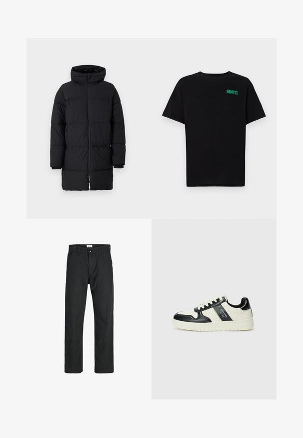 Cămașă puf de culoare neagră, cu închidere cu fermoar, glugă supradimensionată și model matlasat orizontal. Fabricată din material sintetic, are manșete elastice.; Tricou negru din bumbac, cu mâneci scurte. Prezintă un logo verde "ROOTS" pe față, guler rotund și o potrivire standard.; Pantaloni negri dintr-un material durabil, cu un design cu picior drept, accente cusute și două buzunare frontale pentru funcționalitate.; Tenisi din piele cu un scheme de culori negru și crem, dotati cu accente perforate, guler căptușit și o talpă texturată.