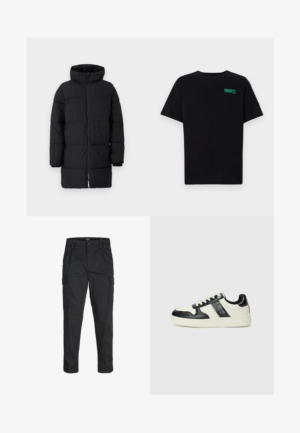 Čierna puffová bunda so zipsom, oversized kapucňou a horizontálnym prešívaním. Vyrobená z syntetického materiálu, má elastické manžety.; Čierne tričko s krátkymi rukávmi vyrobené z bavlny. Na prednej strane má zelené logo "ROOTS", okrúhly výstrih a štandardný strih.; Čierne cargo nohavice z odolnej látky, s viacerými vreckami, gombíkovým zapínaním a úzkym strihom so zúženými nohavicami.; Kožené tenisky v čierno-krémovej farbe, s perforovanými akcentmi, polstrovaným golierom a štruktúrovanou podrážkou.