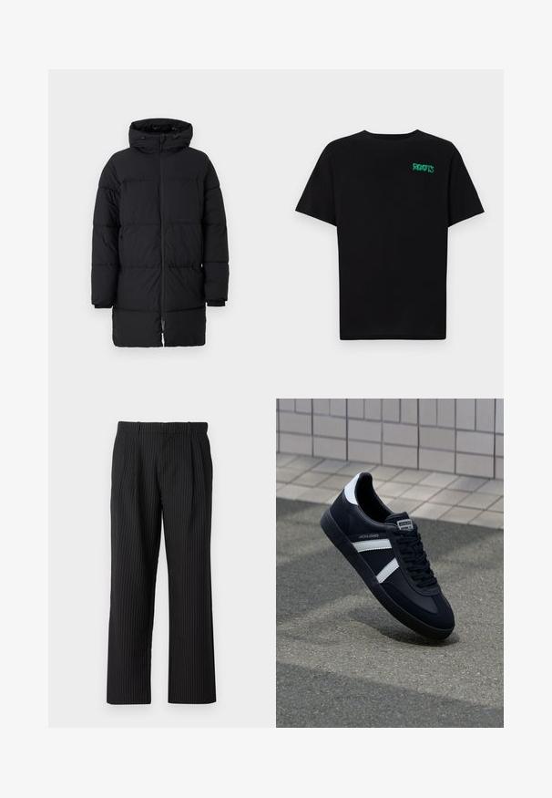 Fekete puffertakaró zipzárral, oversized kapucnival és vízszintes steppelt mintával. Szintetikus anyagból készült, elasztikus mandzsettákkal rendelkezik.; Fekete, pamutból készült póló rövid ujjakkal. Elöl zöld "ROOTS" logóval, kerek nyakkivágással és normál szabással.; Jack & Jones JPSTBILL JJDAYTONA WIDE - Nadrágok - black; Fekete bőr sportcipő fehér csíkokkal, textúrált gumitalppal és fűzős elejével. A nyelvén márkás címke található.