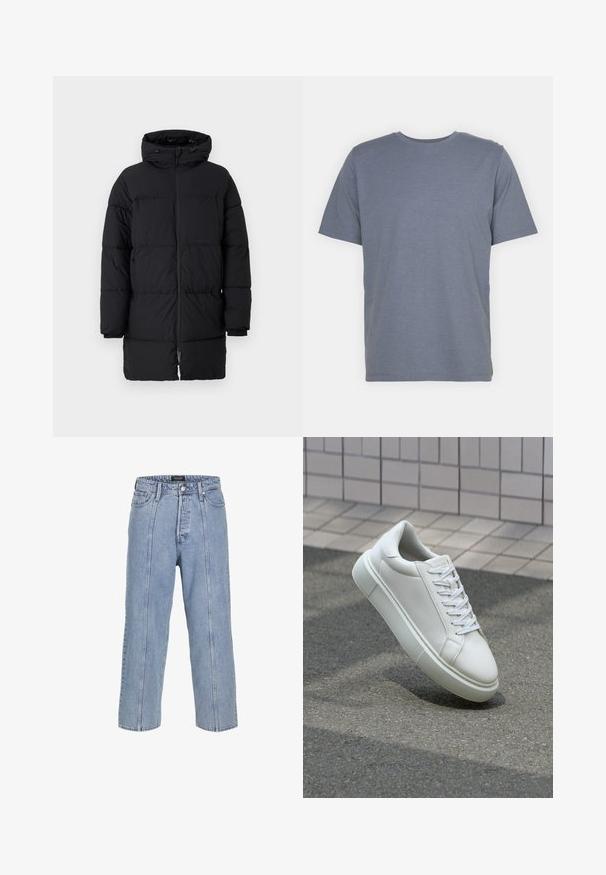 Crna puf jakna s patentnim zatvaračem, prevelikim kapuljačom i horizontalnim kviltiranim uzorkom. Izrađena od sintetičkog materijala, s elastičnim manžetama.; Siva majica s kratkim rukavima u kroju s okruglim izrezom, izrađena od mekane mješavine pamuka. Jednostavan dizajn, bez uzoraka ili naglasaka.; Svijetloplave traperice s širokim krojem, širokim nogavicama i vidljivim detaljima šivanja. Imaju zatvaranje na gumb i patentni zatvarač te pet džepova.; Bijela kožna tenisica s glatkom površinom, okruglim vrhom i ravnim bijelim vezicama. Ima teksturiran gumeni potplat i minimalne dizajnerske elemente.