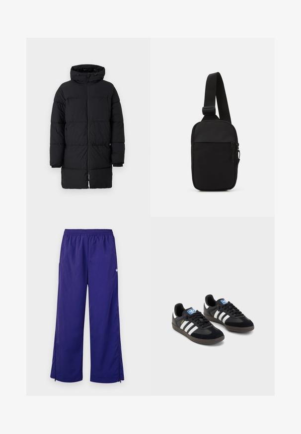 Zwarte pufferjas met een ritssluiting, oversized capuchon en een horizontaal gestikt patroon. Gemaakt van synthetisch materiaal, met elastische manchetten.; Witte katoenen t-shirt met korte mouwen, voorzien van een meerkleurige graphic print van een voetbalhelm en de tekst "1972 WORLD CHAMPS."; Paars, lichte sportbroek met een elastische tailleband en ritsen aan de zijkanten bij de boorden. Soepele textuur met een subtiele glans.; Zwarte sneakers met een bovenwerk van suède en synthetisch materiaal, voorzien van drie witte strepen, een gestructureerde rubberen zool en een blauw logo-label op de tong.; Zwarte schoudertas gemaakt van duurzaam stof, met een enkele verstelbare schouderband, een gepartitioneerd hoofdcompartiment met rits en een voorvak.