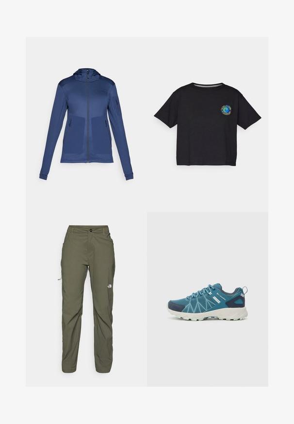 Granatowa kurtka zapinana na zamek z kapturem, teksturowanym korpusem i trzema kieszeniami zapinanymi na zamek. Gładki materiał z dopasowanymi rękawami i usztywnioną konstrukcją.; Czarna bawełniana koszulka z krótkim rękawem z okrągłym, wielokolorowym logo na piersi. Prosty dół i luźny krój.; The North Face EXPLORATION khaki; Columbia PEAKFREAK™ II OUTDRY™ niebieski