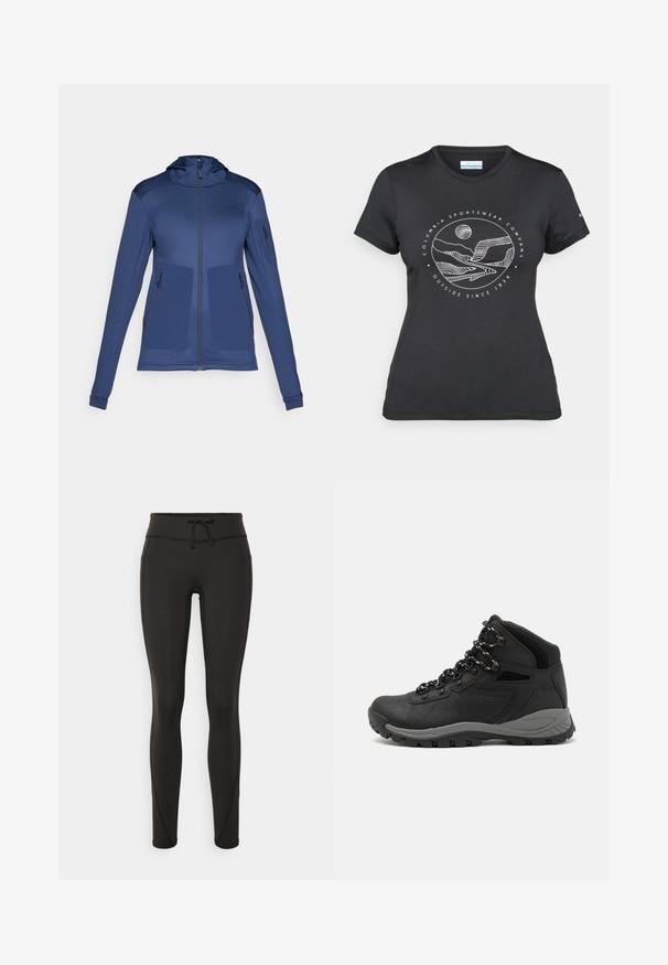 Marineblå hettejakke med glidelås, teksturert kropp og tre glidelåslommer. Glatt stoff med tettsittende ermer og en strukturert design.; Svart Columbia t-skjorte med hvit sirkulær fjell- og elvlinjekunst og tekst "Columbia Sportswear Company Outside Since 1938."; Svarte leggings med høy midje, snøring, glatt tekstur og tettsittende design. Har søm detaljer langs sidene.; Sorte turstøvler med mid-topp design, som har en teksturert overdel, grå detaljer og slitesterk gummisåle med godt grep.