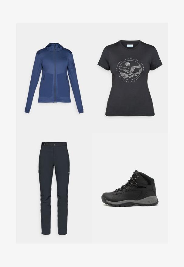 Tume sinine tõmblukuga jope, millel on kapuuts, tekstuuriga keha ja kolm tõmblukuga taskut. Sile kangas, sobivad varrukad ja struktureeritud disain.; Musternine Columbia T-särk mustas värvuses, millel on valge ümmargune mägi ja jõe joonistus ning tekst "Columbia Sportswear Company Outside Since 1938."; Meeste välkpüksid, tumehallid, valmistatud paindlikest materjalidest, vöökohaga, tõmblukuga taskud ja tugevdatud õmblused.; Mustarjaline matkasaabas, millel on keskmine disain, tekstuuriga ülemine osa, hallid aktsendid ja vastupidav kummist põhi, millel on haardelugesid.