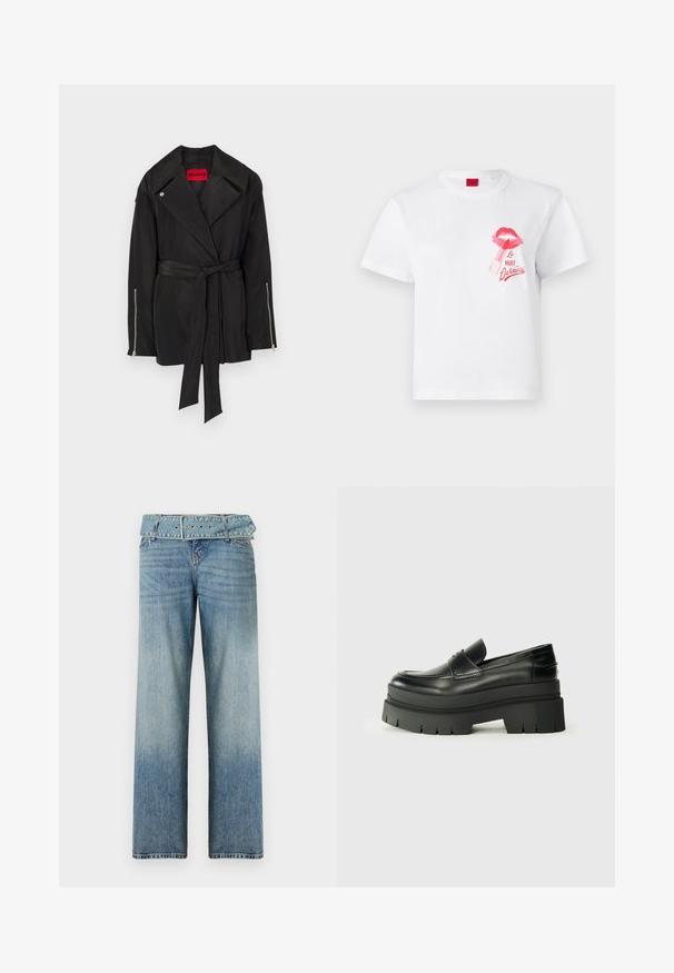 Μαύρο παλτό με ζώνη στη μέση, μεγάλο γιακά και φερμουάρ στα μανίκια. Κατασκευασμένο από λεία, ελαφριά ύλη με ματ φινίρισμα.; Λευκό βαμβακερό μπλουζάκι με κοντά μανίκια, με εκτύπωση ροζ χείλη και γραφικό κραγιόν, μαζί με το κείμενο "La Nuit Devious."; Ανοιχτό μπλε τζιν παντελόνι με φαρδιά σχεδίαση, διαθέτοντας ταιριαστό ζωνάκι στη μέση και σταδιακή απόχρωση από σκούρο σε ανοιχτό.; Μαύρες δερμάτινες λοφάδες με χοντρή πλατφόρμα. Στρογγυλή μύτη, λεπτομέρεια ραφής μπροστά και διακριτικά διακοσμητικά ραφή. Ίσια, υφασμένη σόλα.