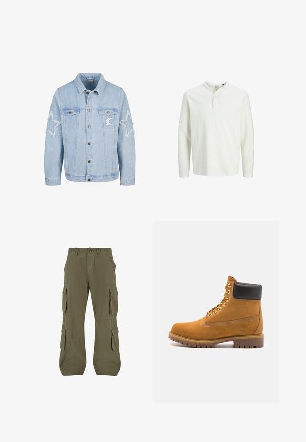 Heleda sinine denim jakk, millel on tähekujulised kulumisjäljed, metallnupud, kaks rinna taskut ja peene valge värvipritsmete detail.; Valge pika varrukaga henley särk kolme nupuga ja ümmarguse kraega, esitatud lihtsal valgel taustal.; Olive rohelised cargo püksid. Valmistatud puuvillast, sisaldavad mitmeid küljetaskuid, sirget lõiget ning nähtavaid õmblusdetailide.; Küpset tan suede sääreboot musta pehmea kraega, kuldsed metallist silmad, valge õmblemise detailid ja robustne kummist tallaga, millel on väljendunud mustrid.