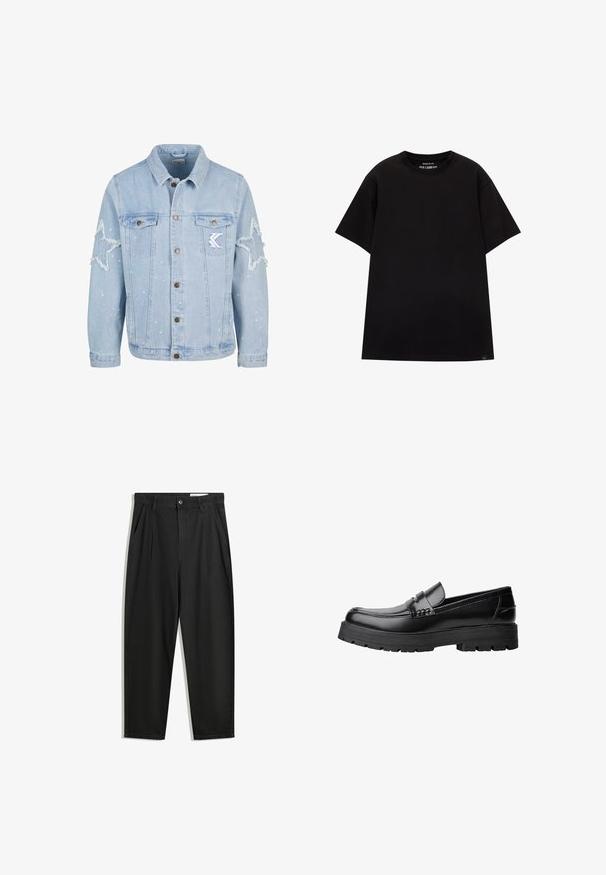 Jachetă din denim bleu deschis cu uzură în formă de stea, nasturi metalici, două buzunare pe piept și detalii subtile de stropi de vopsea albă.; PULL&BEAR JOIN LIFE - Tricou basic - black; Pantaloni negri din bumbac cu croială lejeră, având un brâu clasic, plii frontale și buzunare laterale. Textură netedă fără modele.; Mocasini din piele neagră, cu talpă groasă și profilată și bandă decorativă pe partea superioară, prezentati din profil stâng pe fundal alb.