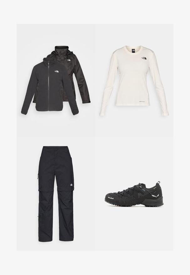 Dvoslojna jakna v črni barvi: flis s zaklopom in stoječim ovratnikom ter vodoodporna zunanja plast s kapuco; vključuje logotipe na obeh plasteh.; The North Face SHADOW LONG SLEEVE - Majica z dolgimi rokavi - white dune; Črne najlon hlače z zipom, ki se lahko odstranijo, s prilagodljivimi manšetami, več žepi in logotipom na desni nogi. Gladka, lahka tekstura.; Črne pohodniške čevlje z teksturiranim zgornjim delom iz blaga, sistemom vezalk in trdnim gumijastim podplatom. Opremljeni so z odsevnimi detajli in logotipi.