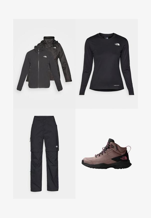 Dvoslojna jakna u crnoj boji: fleece s patentnim zatvaračem, visokim kragnom i vodootpornom školjkom s kapuljačom; uključuje logotipe na oba sloja.; The North Face SHADOW LONG SLEEVE - Top dugih rukava - black; Crne najlon hlače s munjevim zatvaranjem, odvojive cargo hlače s podesivim manžetama, brojnim džepovima i logom na desnoj nozi. Glatka, lagana tekstura.; Planinarske čizme u prašnjavoj ružičastoj boji s crnim akcentima, s teksturiranim gornjim dijelom, sustavom vezanja i robusnom potplatom za bolju prionjivost.