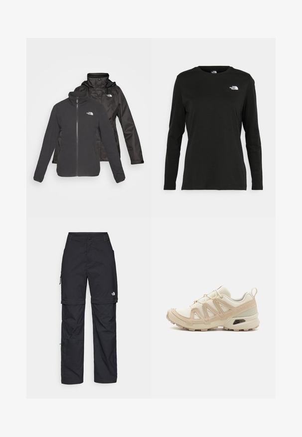 To-lags jakke i sort: en fleece med lynlås foran og stående krave samt en vandtæt skal med hætte; inkluderer logoer på begge lag.; Sort langærmet t-shirt lavet af bomuld med rund hals. Har et lille hvidt logo på venstre brystområde. Enkel design og pasform.; Sorte nylon cargo bukser med lynlås, justerbare manchetter, flere lommer og et logo på højre ben. Glat, let tekstur.; Beige og creme atletiksko med struktureret mesh-overdel, støttende overlays og gummiyderside med et mønster for trækkraft.