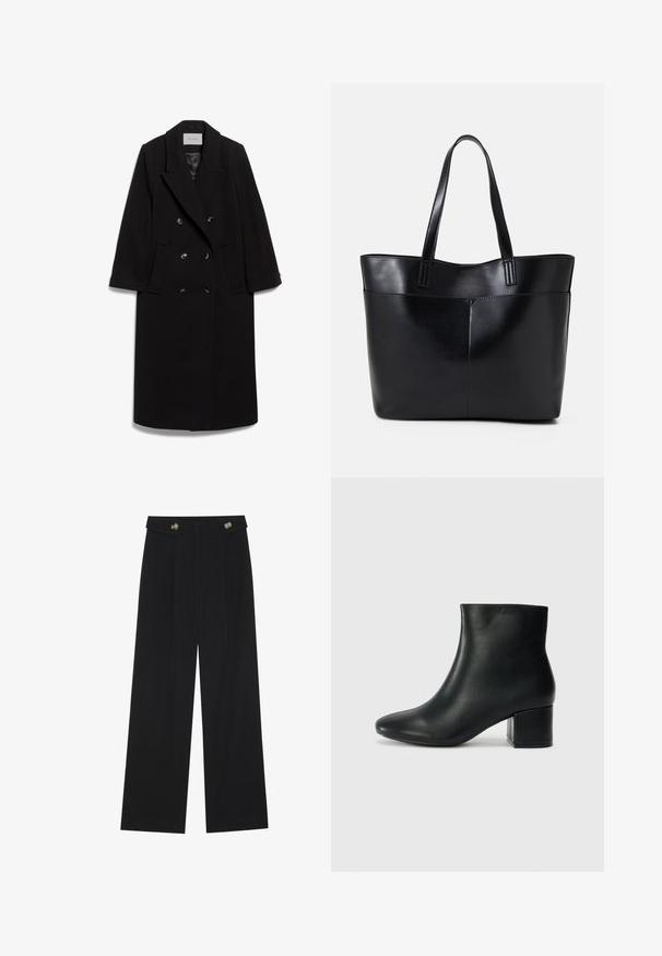 IVY OAK CLEMENCE - Klasikinis paltas - black; Juoda ilgomis rankovėmis palaidinė su išsiplėtusiais rankogaliais, minkšta tekstūra ir laisva forma, su paprastu apvaliu kaklu.; Juodi plačios kojos kelnės su aukštu liemeniu, sagų detalėmis ant liemens ir priekinėmis raukšlėmis.; Juodos odinės aulinės botai su smailiu priekiniu pirštu ir storu kulnu. Lygus tekstūra su minimaliomis detalėmis ir elegantišku, tvirtai priglundančiu dizainu.; Juoda odinė rankinė su dviem ilgais diržais, lygiu paviršiumi ir struktūrizuota forma. Yra priekinė kišenė papildomam saugojimui.