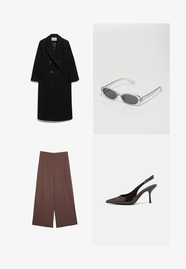 IVY OAK CLEMENCE - Cappotto classico - black; Top senza maniche marrone con scollo quadrato, realizzato in tessuto morbido ed elastico. Presenta un design aderente e cuciture piatte.; Pantaloni ampi marroni con una texture liscia, caratterizzati da una vita alta e pieghe frontali. Il tessuto è leggero e scorre liberamente.; Scarpa con tacco alto tipo slingback in pelle verniciata marrone scuro lucido, punta affusolata, lati aperti e cinturino alla caviglia regolabile.; Occhiali da sole con forma ovale, montatura in plastica trasparente, lenti grigie scure e aste sottili trasparenti con accenti di logo e dettagli minimi.