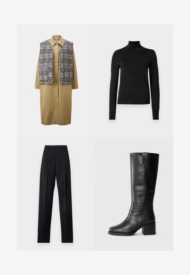 Beige dlouhý kabát s hnědou kostkovanou prošívanou vestou. S klasickým límcem, patentkami a volnými rukávy. Hladká textura a moderní design.; Černý dlouhý rukáv rolák se žebrovanými manžetami a lemem, vystavený na čistě bílém pozadí.; Černé kalhoty vyrobené z hladké tkaniny, vybavené vysokým pasem, širokými nohavicemi, předními záhyby a klasickými poutky na opasek. Nejsou viditelné boční kapsy.; Černé kožené kozačky až ke kolenům s hladkým povrchem, čtveratou špičkou, širokým podpatkem a bočním poutkem, se minimalizovanými švy.