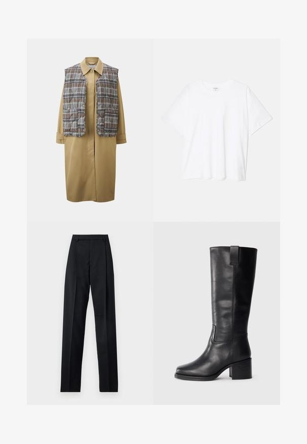 Beige langer Mantel mit einer braunen karorierten Steppweste. Mit klassischem Kragen, Druckknöpfen und weiten Ärmeln. Glatte Textur und modernes Design.; Weißes Baumwoll-T-Shirt mit kurzen Ärmeln, runder Halslinie, lockerer Passform und genähtem Saum. Etikett sichtbar am inneren Kragen.; Schwarze Hosen aus glattem Stoff mit hoher Taille, weitem Bein, vorderen Falten und klassischen Gürtelschlaufen. Keine sichtbaren Seitentaschen.; Schwarze Lederstiefel bis zum Knie mit glatter Oberfläche, quadratischer Spitze, Blockabsatz und seitlichem Zugband, mit minimalistischen Nähdetails.