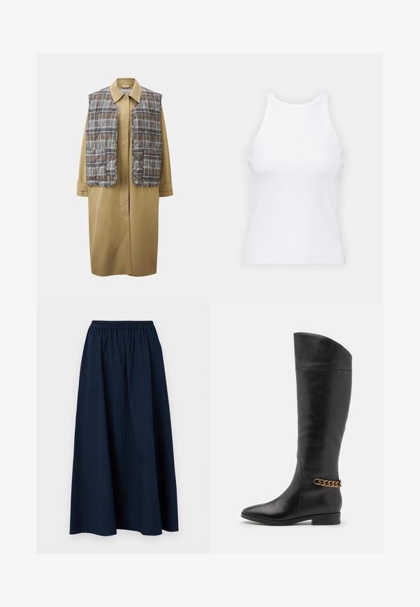 Abrigo largo beige con un chaleco acolchado de cuadros marrones. Presenta un cuello clásico, botones de presión y mangas holgadas. Textura suave y diseño moderno.; Top de tirantes blanco sin mangas hecho de tela acanalada, con un escote redondeado y una silueta ajustada, con costuras mínimas y sin adornos.; Falda larga de color azul marino, hecha de un tejido texturizado con una cinturilla elástica y sutiles rayas verticales.; Botas altas de cuero negro con un diseño elegante, punta afilada y un acento de cadena dorada en el tobillo. Tacón bajo tipo bloque. Textura suave.