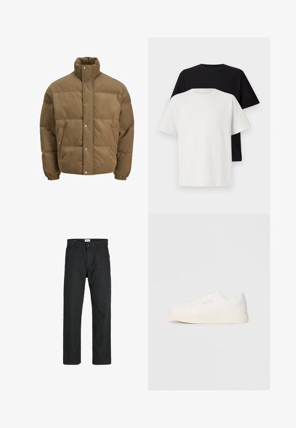 Smeđi puffer jakna od kordura s visokim ovratnikom, dugmadi na preklop, elastičnim manžetama i bočnim džepovima, prikazana na bijeloj pozadini.; Set pamučnih majica koji uključuje crnu i bijelu majicu, obje s kratkim rukavima, okruglim izrezom i klasičnim krojem. Tekstura tkanine.; Crne hlače od izdržljivog materijala, s ravnim krojem, šivenim detaljima i dva prednja džepa za funkcionalnost.; Bijele slip-on tenisice s teksturiranom površinom, debelim đonom i minimalističkim dizajnom. Sadrže logo branda sa strane.