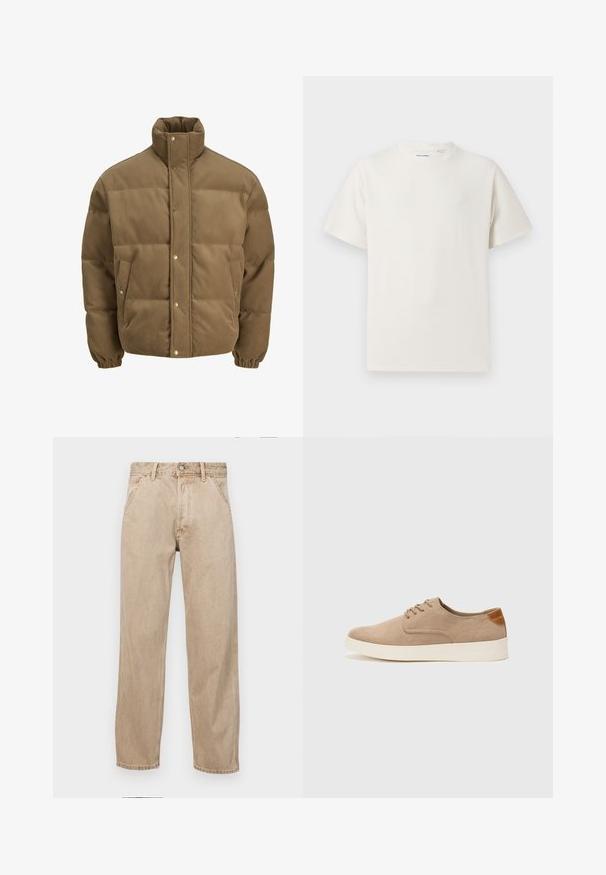 Hnedý kordurovkový bomber s vysokým golierom, sponami, elastickými manžetami a postrannými vreckami, vystavený na bielom pozadí.; Biela krátka tričko s krátkym rukávom so žebrovanou textúrou. Okrúhly výstrih, uvoľnený strih, žiadne viditeľné vzory ani akcenty. Jednoduchý a všestranný dizajn.; Bežové denimové rifle so strihom rovného nohu, s prednými vreckami, kovovým zapínaním na gombík a jemnou textúrou.; Béžové semišové tenisky s okrúhlou špičkou, šnurovaním vpredu a textúrovaným zadným akcentom. Biela gumová podrážka poskytuje kontrast. Jednoduchý a moderný dizajn.