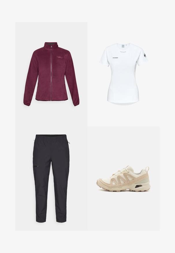 Burgundowa polarowa kurtka z zamkiem błyskawicznym, stójką i dwiema bocznymi kieszeniami. Zawiera detal z logo na klatce piersiowej i gładką fakturę.; Koszulka sportowa z krótkim rękawem w kolorze białym, z okrągłym dekoltem, z logo na piersi i gładką, lekką teksturą materiału.; Jack Wolfskin PRELIGHT czarny; Beżowe i kremowe buty sportowe z teksturowanej siateczki, wspierającymi nakładkami oraz gumową podeszwą z wzorem bieżnika zapewniającym przyczepność.