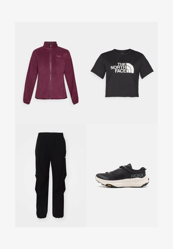 Fleecejacke in Burgunderrot mit Reißverschluss, Stehkragen und zwei Seitentaschen. Mit Logodetail auf der Brust und glatter Textur.; Schwarzes, tailliertes T-Shirt aus Baumwolle mit einem weißen Logo mit geschwungenen Akzenten und dem Text "THE NORTH FACE" auf der Vorderseite. Kurze Ärmel, Rundhalsausschnitt.; Schwarze Outdoor-Hosen aus langlebigem Material, mit lockerer Passform, elastischem Bund und verstellbaren Bündchen für variable Längen.; Schwarze Sportschuhe mit einem atmungsaktiven Mesh-Obermaterial, Gummisohle, weißem dämpfenden Zwischensohle und reflektierenden Schnürsenkeln. Vibram-Logo auf der Sohle.