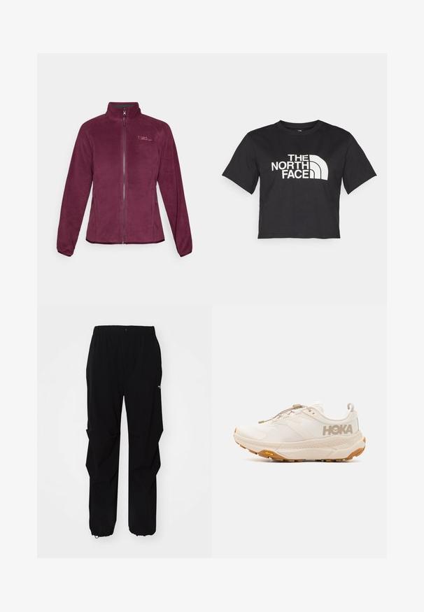 Fleecejacke in Burgunderrot mit Reißverschluss, Stehkragen und zwei Seitentaschen. Mit Logodetail auf der Brust und glatter Textur.; Schwarzes, tailliertes T-Shirt aus Baumwolle mit einem weißen Logo mit geschwungenen Akzenten und dem Text "THE NORTH FACE" auf der Vorderseite. Kurze Ärmel, Rundhalsausschnitt.; Schwarze Outdoor-Hosen aus langlebigem Material, mit lockerer Passform, elastischem Bund und verstellbaren Bündchen für variable Längen.; HOKA TRANSPORT - Hikingschuh - eggnog