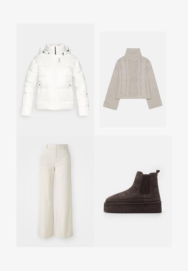 Balta pūkuota striukė su aukštu apykakle, priekyje užtrauktuku ir reguliuojamu gobtuvu. Įrengti šonai kišenės ir prekės ženklas "COLMAR" pilka spalva ant krūtinės.; Sumažintas šviesiai pilkas megztinis su aukštu apykakle ir rūdytomis rankovėmis, su tekstūriniais kabelių raštais nugaroje ir šonuose.; Pločios kojos kelnės šviesiai bežinės spalvos, pagamintos iš lygaus audinio. Yra klasikinis juosmens dizainas ir lygūs priekiniai įsiuvai su švariomis linijomis.; Rudos gamtos nubuko Chelsea batai su elastingomis šoninėmis detalėmis ir storu, tekstūruotu platformos padu. Šiame modelyje yra kilpos elementas kulne, kuris palengvina apsiaustą.