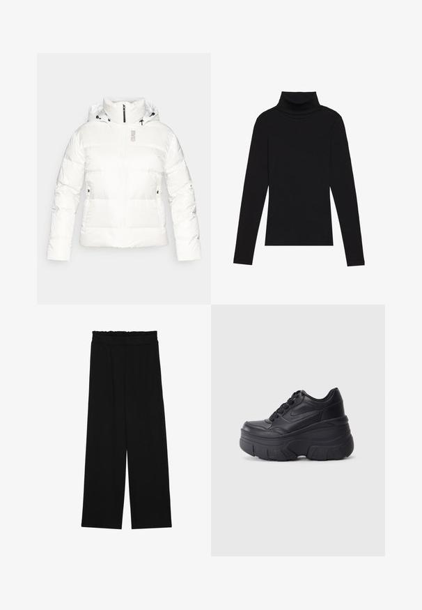 Balta pūkaina jaka ar augstu apkakli, priekša ar rāvējslēdzēju un regulējamu kapuci. Iekļautas sānu kabatas un zīmola nosaukums "COLMAR" pelēkā krāsā uz krūtīm.; Melnā turtlenecka garām piedurknēm augšdaļa, izgatavota no ribotas auduma, ar pieguļošu piegriezumu, augstu kakla izgriezumu un bez rakstiem vai akcentiem.; Melnas platās bikses ar volangām jostasvietā, ar divām sānu kabatām un gludu, vieglu audumu. Nav redzamu rakstu vai aksesuāru.; Melni šņorējami sporta apavi ar biezu zoli, ar gludu ādas augšdaļu, noapaļotu purngalu un izteiktu slāņveida platformas dizainu.