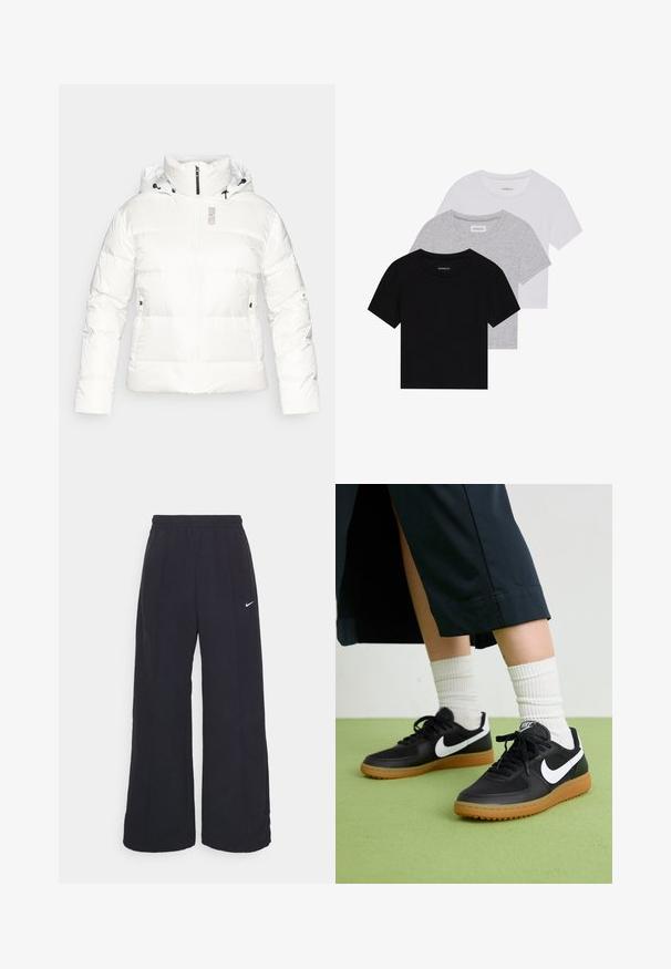 Fehér, puffadt dzseki magas gallérral, elülső cipzárral és húzózsinóros kapucnival. Oldalsó zsebekkel rendelkezik, és a "COLMAR" márkaneve szürke színben található a mellkason.; Három rövidujjú póló készlet fekete, szürke és fehér színben. Pamutból készült, kerek nyakú, egyszerű, egyszínű dizájnnal.; Fekete, bő szárú nadrág rugalmas derékpánttal és egy kis fehér Nike logóval. Anyaga sima tapintású, kényelmes és mindennapi viseletre lett tervezve.; Fekete bőr és szintetikus sneakers, fehér Nike logo-val, gumi talppal, kerek orral és fekete fűzővel. Csíkos fehér zokni látható.