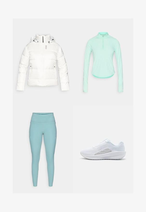 Hvid fluffy jakke med høj krave, frontlynlås og hætte med snøre. Har sidelommer og brandnavnet "COLMAR" i grå på brystet.; Mintgrøn langærmet atletisk skjorte med lynlåsekrave, der har en tætsiddende pasform og glat, let materiale.; Lyseblå leggings lavet af strækbart materiale, med en høj talje, sømløst design og minimale hvide detaljer på siderne.; Hvid træningssko med mesh-overdel, rund tå og tekstureret sål. Har et sølvfarvet Nike-swoosh og et minimalistisk design.
