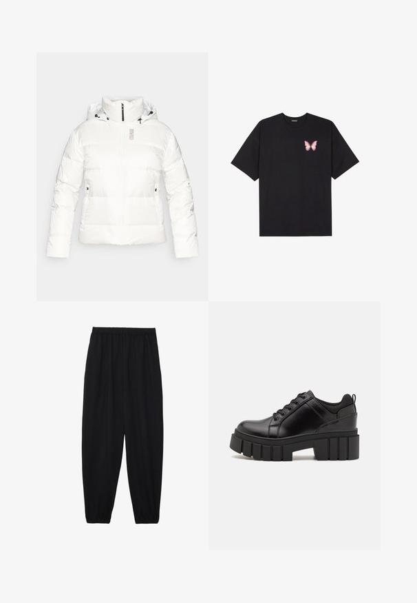 Witte puffy jas met een hoge kraag, ritssluiting aan de voorkant en een capuchon met trekkoord. Beschikt over zijzakken en de merknaam "COLMAR" in het grijs op de borst.; Zwarte katoenen t-shirt met korte mouwen, voorzien van een kleine roze vlinder graphic op de linkerkant van de borst. Crew neck ontwerp met een relaxte fit.; Zwarte, lichte broek met een elastische tailleband en gathered enkels. De stof is glad en heeft een ontspannen, taps toelopend ontwerp.; Zwarte leren platform schoenen met een stevige blokhak, ronde neus en een traditionele vetersluiting. Kenmerkt zich door een gladde textuur en minimale details.