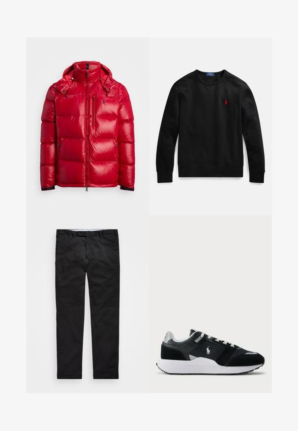 Piros, fényes nylonból készült pufi dzseki, párnázott részekkel, magas gallérral, levehető kapucnival és zsebekkel, valamint elülső cipzárral.; Fekete, pamut anyagból készült kereknyakú pulóver, bal oldali mellrészen kis piros logóval, bordázott mandzsettával és szegéllyel.; Fekete chinos, egyenes szárú fazonnal, pamut keverék anyagból készült, cipzáras zipzárral, övhurkokkal és oldalsó zsebekkel. Simaság jellemzi.; Fekete-fehér alacsony szárú sportcipő hálós és velúr felső résszel, fehér fűzőkkel, fehér talppal, és az oldalán egy polo játékos logóval.