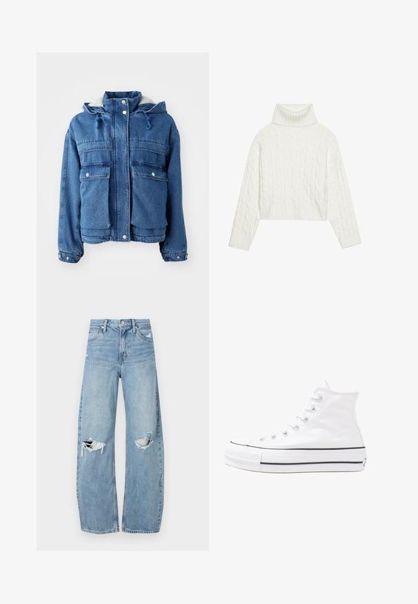 Denim jakna z zadrgo in zaklepom s pritisnim gumbom, dvema prsoma žepoma, nastavljivo kapuco in flisasto podlogo, v srednjem modrem odtenku.; Bela jopica s kabelskim pletenjem in turtleneck ovratnikom, ki ima skrajšan kroj, z rebrastimi manšetami in robom. Mehka tekstura z udobnim, masivnim oblikovanjem.; Svijetloplave traperice visoki struk. Imaju široke nogavice, dva poderana područja na koljenima i klasičan petotoksi stil.; Beli visoki platneni športni čevelj z črnim gumijastim podplatom, sprednjim gumijastim zaščitnikom za prste in šestimi luknjicami za vezalke, ki se ponaša s preprostim, minimalističnim dizajnom.