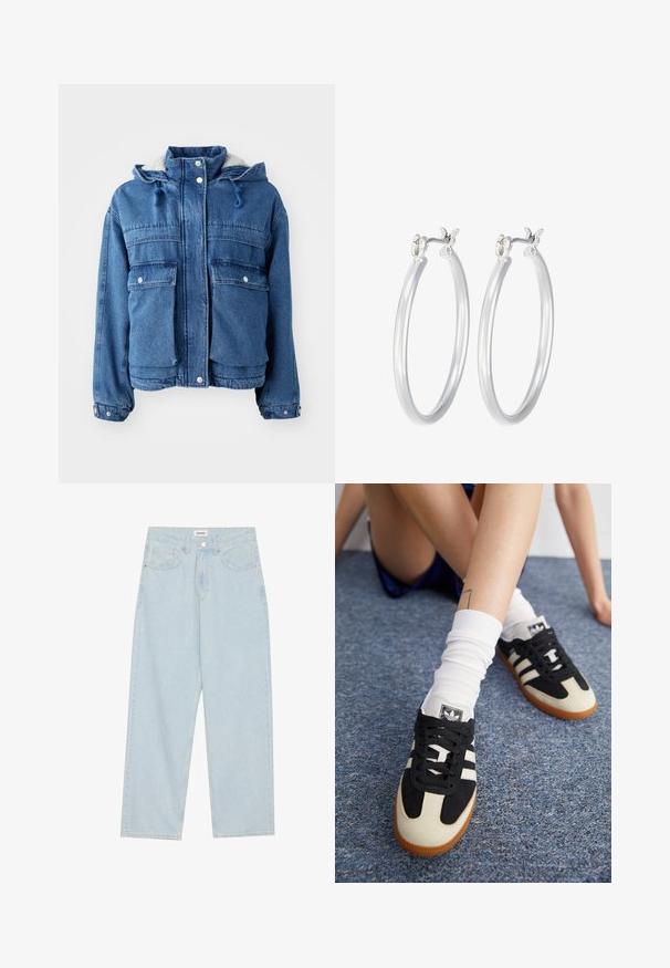 Denimjakke med lynlås og trykknaplukning, to brystlommer, en justerbar hætte og fleeceforing, i en mellemblå nuance.; Hvid ribbet langærmet trøje med rund halsudskæring. Fremstillet af et strækstof, der sidder tæt til kroppen. Har subtile horisontale linjer.; Lysblå vidde jeans lavet af denim, med mid-rise talje, fem lommer og en knaplukning med en slank metalaccent.; Sorte og hvide atletiske sko med en overdel af ruskind og læder, der har tre hvide striber og en gummisål. Sættet bæres med hvide sokker.; Sølv hoop øreringe med en glat, poleret overflade. Rund form og sikker klik-lukning. Letvægtsdesign, der er velegnet til hverdagsbrug.