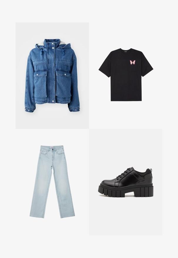 Jeansjacke mit Reißverschluss und Druckknopfverschluss, zwei Brusttaschen, einer verstellbaren Kapuze und einem Fleece-Futter in einem mittleren Blauton.; Schwarzes Baumwoll-T-Shirt mit kurzen Ärmeln, das ein kleines pinkes Schmetterlingsmotiv auf der linken Brust zeigt. Crewneck-Design mit einem entspannten Schnitt.; Hellblaue weit geschnittene Jeans aus Denim. Verfügt über fünf Taschen, einen Knopfverschluss und ausgeblichene Details. Klassischer gerader Schnitt mit lockerer Passform.; Schwarze Lederplateauschuhe mit klobigem Blockabsatz, runder Zehenpartie und traditionellem Schnürdesign. Verfügt über eine glatte Textur und minimale Details.