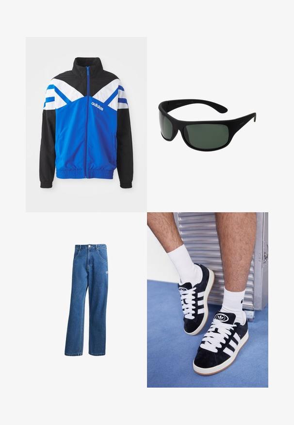 Casaco corta-vento azul e preto com padrão em chevron branco e azul, fecho de zip, punhos elásticos e bolsos laterais. Logótipo da Adidas exibido.; T-shirt branca de algodão com um gráfico impresso em preto e vermelho de uma bola de futebol e nomes de cidades. Mangas curtas, design de gola redonda.; Calças de ganga azul com cintura alta e perna larga, com bolsos frontais, passadores de cinto, fecho de botão e pequeno logótipo da Adidas na coxa direita.; Sapatilhas de camurça pretas com atacadores brancos e três riscas brancas. Apresentam um logotipo circular preto na língua e uma sola de borracha tan.; Óculos de sol envolventes pretos com lentes verde-escuras. Acabamento matte, design curvo, com hastes retas e uma marcação sutil de lado.