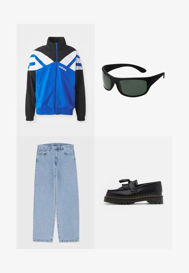 Casaco corta-vento azul e preto com padrão em chevron branco e azul, fecho de zip, punhos elásticos e bolsos laterais. Logótipo da Adidas exibido.; T-shirt branca de algodão com um gráfico impresso em preto e vermelho de uma bola de futebol e nomes de cidades. Mangas curtas, design de gola redonda.; Jeans de denim azul claro com design de perna reta, apresentando uma cintura de altura média, cinco bolsos e um fecho de botão e zíper.; Mocassim de couro preto com um detalhe de franjas, apresentando uma sola preta robusta e costura amarela ao longo da borda. Acabamento texturizado.; Óculos de sol envolventes pretos com lentes verde-escuras. Acabamento matte, design curvo, com hastes retas e uma marcação sutil de lado.