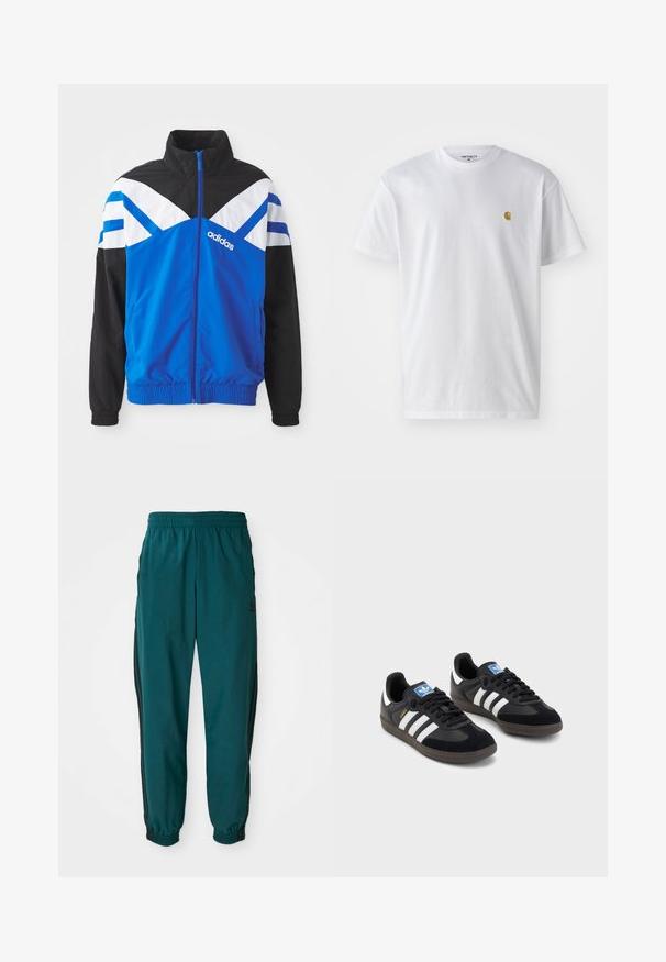 Sinine ja must tuulejope, millel on valge ja sinine v-tähe muster, tõmblukuga sulgemine, elastsed mansetid ja küljetaskud. Adidas logo on nähtaval.; Valge puuvillane t-särk lühikeste varrukatega, ümmargune kaelus, millel on väike kuldne logo vasakul rinnal. Pehme tekstuur ja regulaarne lõike.; Türkis värvi spordipüksid, millel on nööriga vöökoht, elastsed mansetid ja mustad triibud külgedel. Valmistatud kergest kangast, logoga puusade lähedal.; Mustad tossud, mille pealseks on seemisnahk ja sünteetilised materjalid, kolme valge triibuga, tekstureeritud kummitald ja sinine logo silt keele peal.